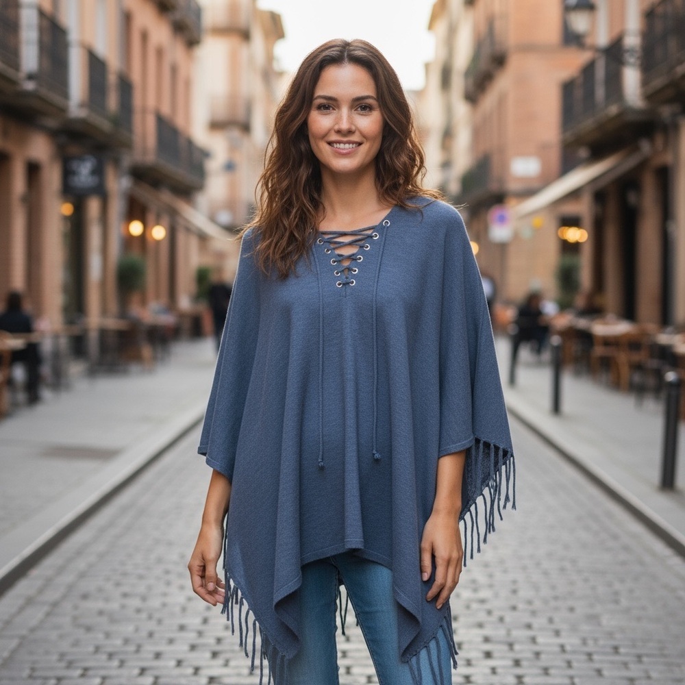 Chico’s Lace-Up Fringe‎ Poncho In Navy.